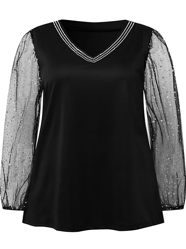 Women's Plus Size Going Out Tops Blouse Concert Tops Black Wine Dark Blue Plain Sparkly Mesh Rhinestone Long Sleeve Daily Date Vacation Vintage Fashion Elegant V Neck Regular Fit Spring Fall