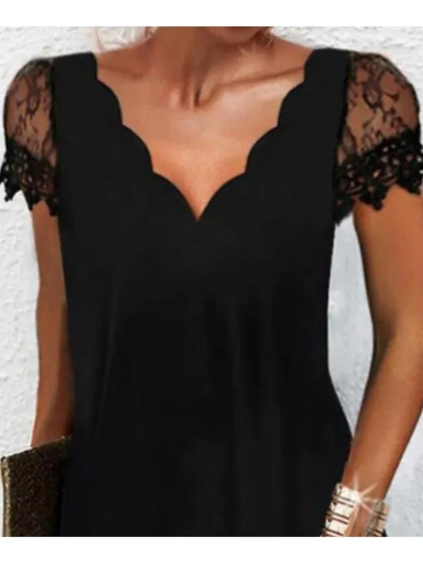 Women‘s Lace Dress A Line Dress Short Mini Dress Black Short Sleeve Pure Color Lace Spring Summer V Neck Elegant Loose 2023 S M L XL XXL XXXL / Party Dress