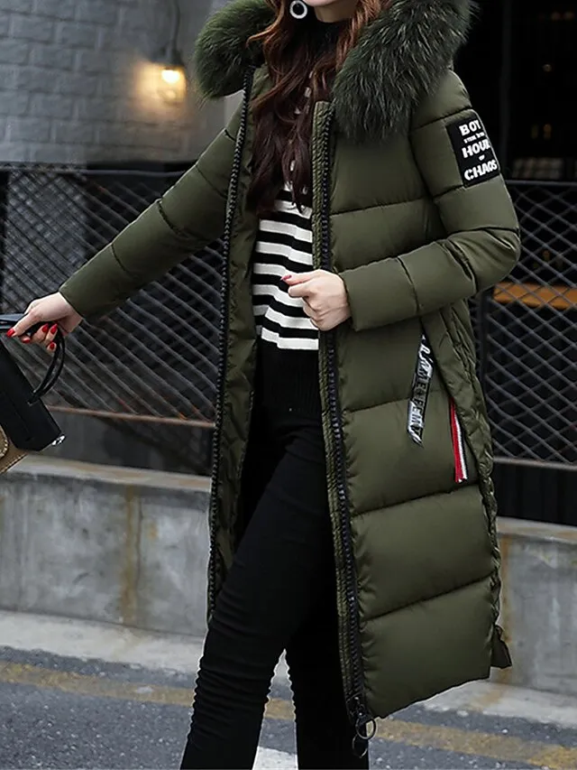 Women's Parka Long Puffer Jacket Winter Coat with Fur Collar Hood Thicken Windproof Warm Jacket Zip up Coat with Pockets Comtemporary Stylish Casual Jacket Long Sleeve Black Pink Army Green