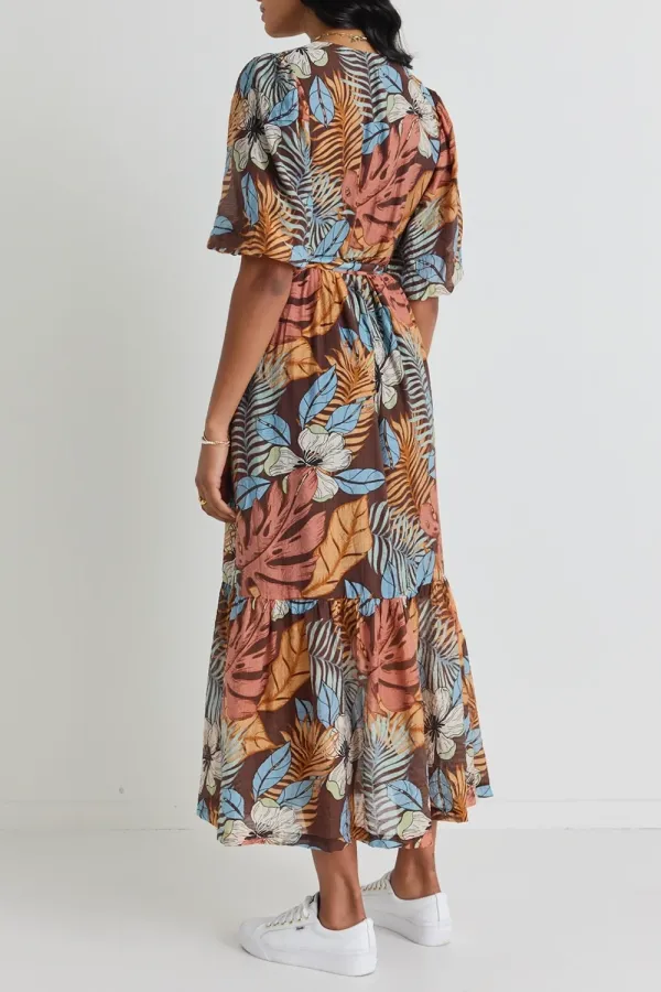 Ocean Tropical Print Wrap Midi Dress
