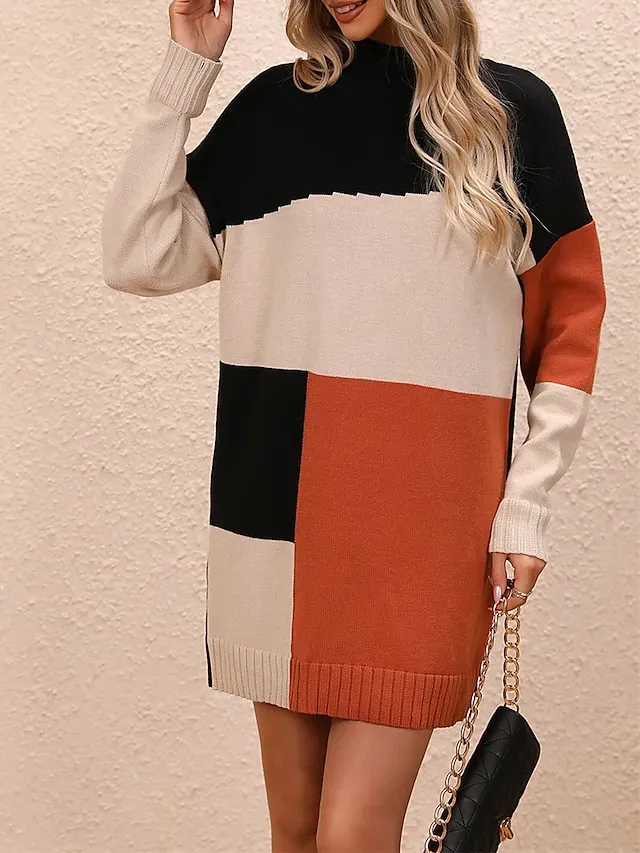 Women's Sweater Dress Jumper Dress Winter Dress Mini Dress Knitwear Fashion Casual Color Block Outdoor Daily Vacation Going out Crew Neck Long Sleeve Patchwork 2023 Loose Fit Black Blue khaki S M L XL