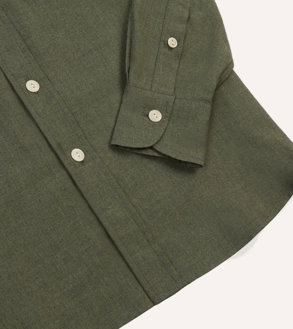 Khaki Green Button Front Cotton Flannel Two-Pocket Work Shirt