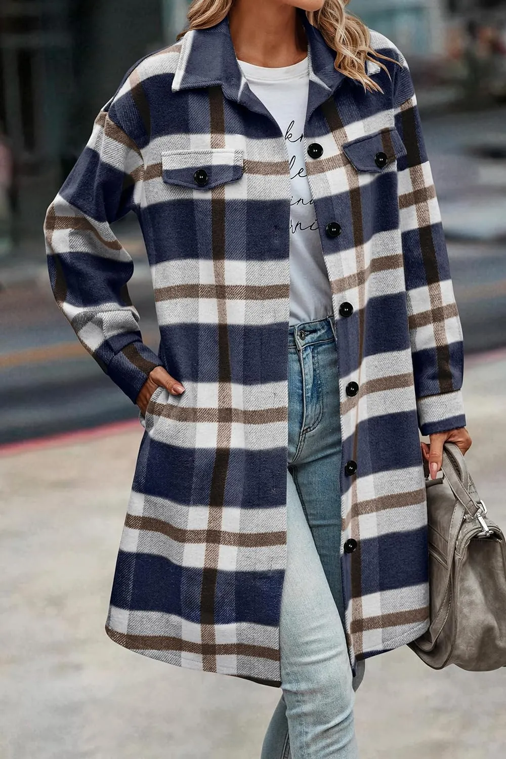 Women's Plaid Shacket 2023 Long Sleeve Button Up Flannel Shirt Winter Tartan Jacket Woolen Coats