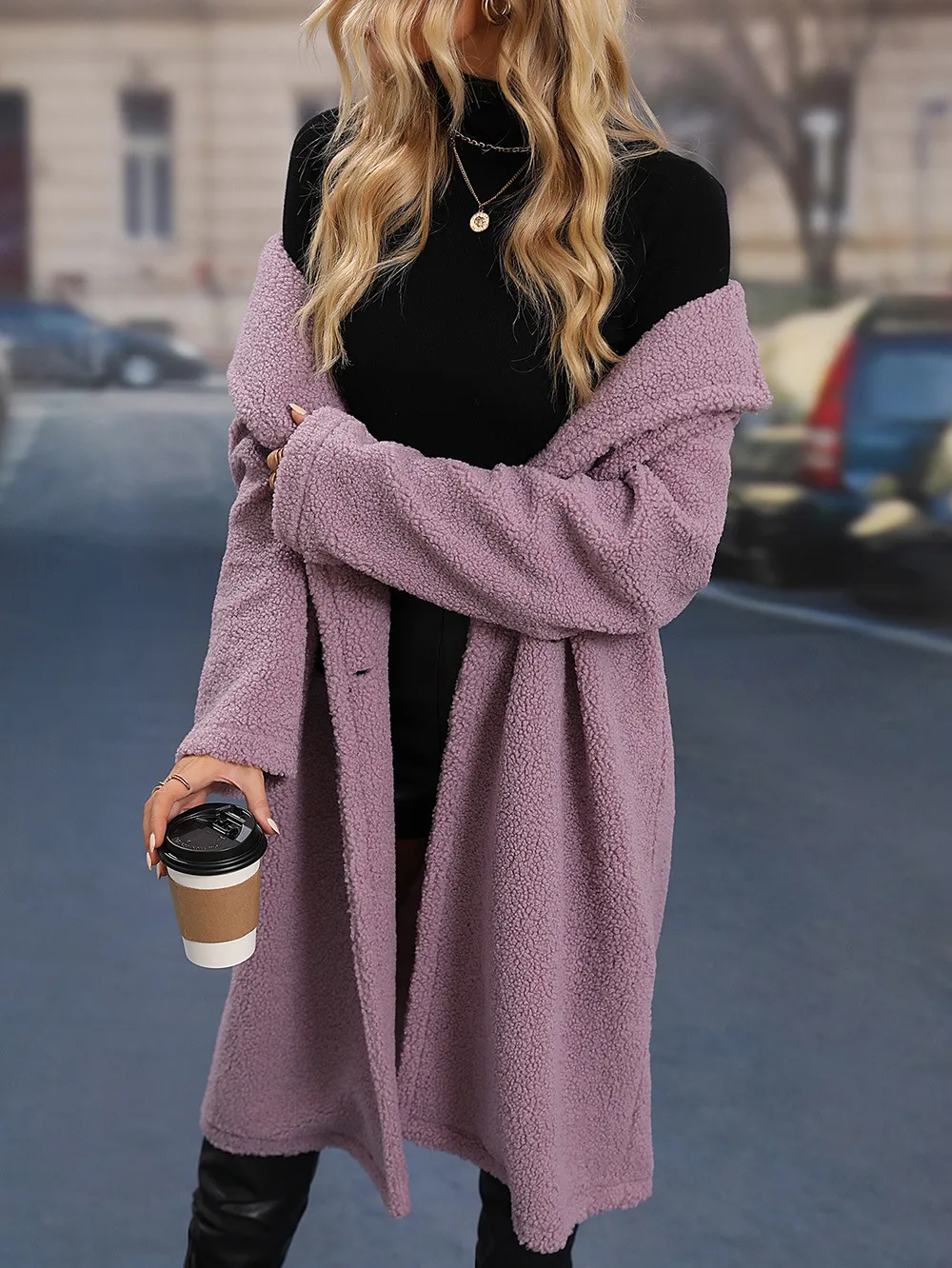 Lapel Collar Solid Plush Coat