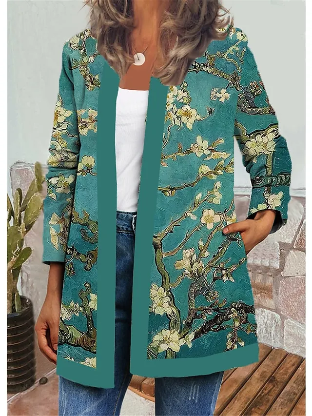 Women's Jacket Casual Jacket Daily Holiday Winter Autumn / Fall Regular Coat Round Neck V Neck Regular Fit Casual St. Patrick's Day Jacket Long Sleeve Floral Trees / Leaves Print Green Black
