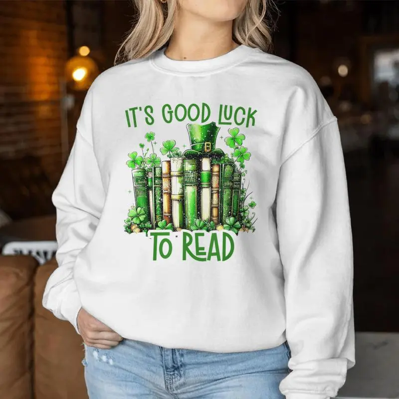 Retro Book Lucky Reading Teacher St Patrick's Day -Adults Black Small Cotton Blend Polyester Blend Short Sleeve Women Sweatshirt