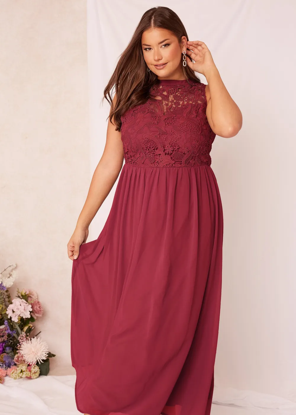 YOURS LONDON Curve Burgundy Red Lace Front Chiffon Maxi Dress