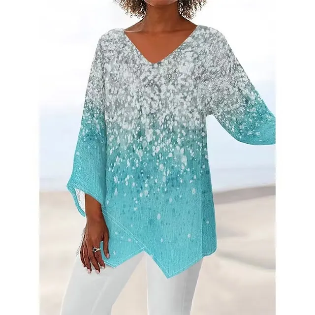 Women's Plus Size Shirt Blouse Tunic White Red Blue Graphic Floral Asymmetric Print Long Sleeve Streetwear Casual V Neck Regular Fit Floral Spring Fall