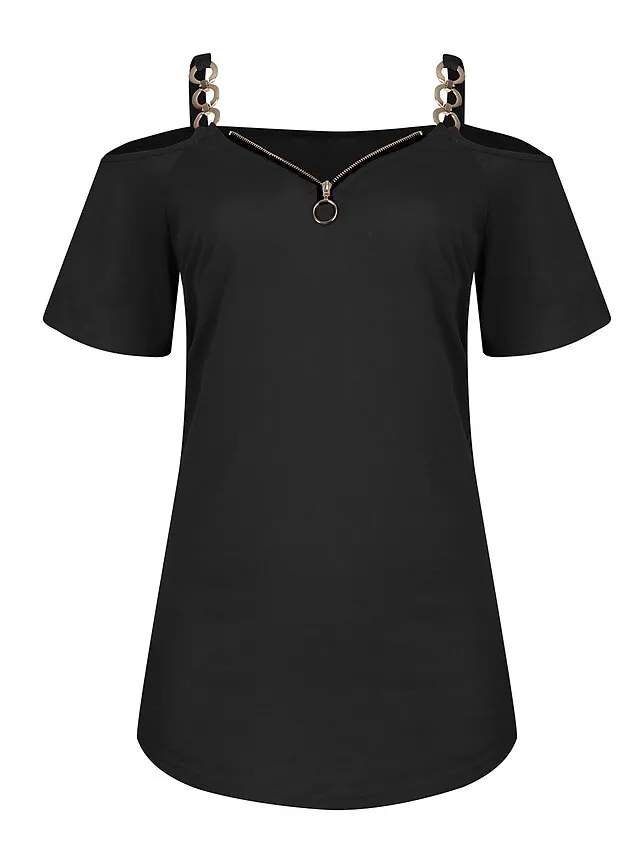Women's T shirt Tee Burgundy Tee Tunic Plain Black Wine Navy Blue Cold Shoulder Quarter Zip Short Sleeve Casual Weekend Basic Off Shoulder V Neck Regular Fit Cold Shoulder