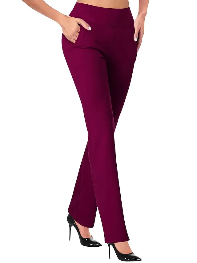 Women‘s Dress Work Casual Pants Trousers Straight Full Length Pocket Stretchy Trousers  Daily Black Wine S M