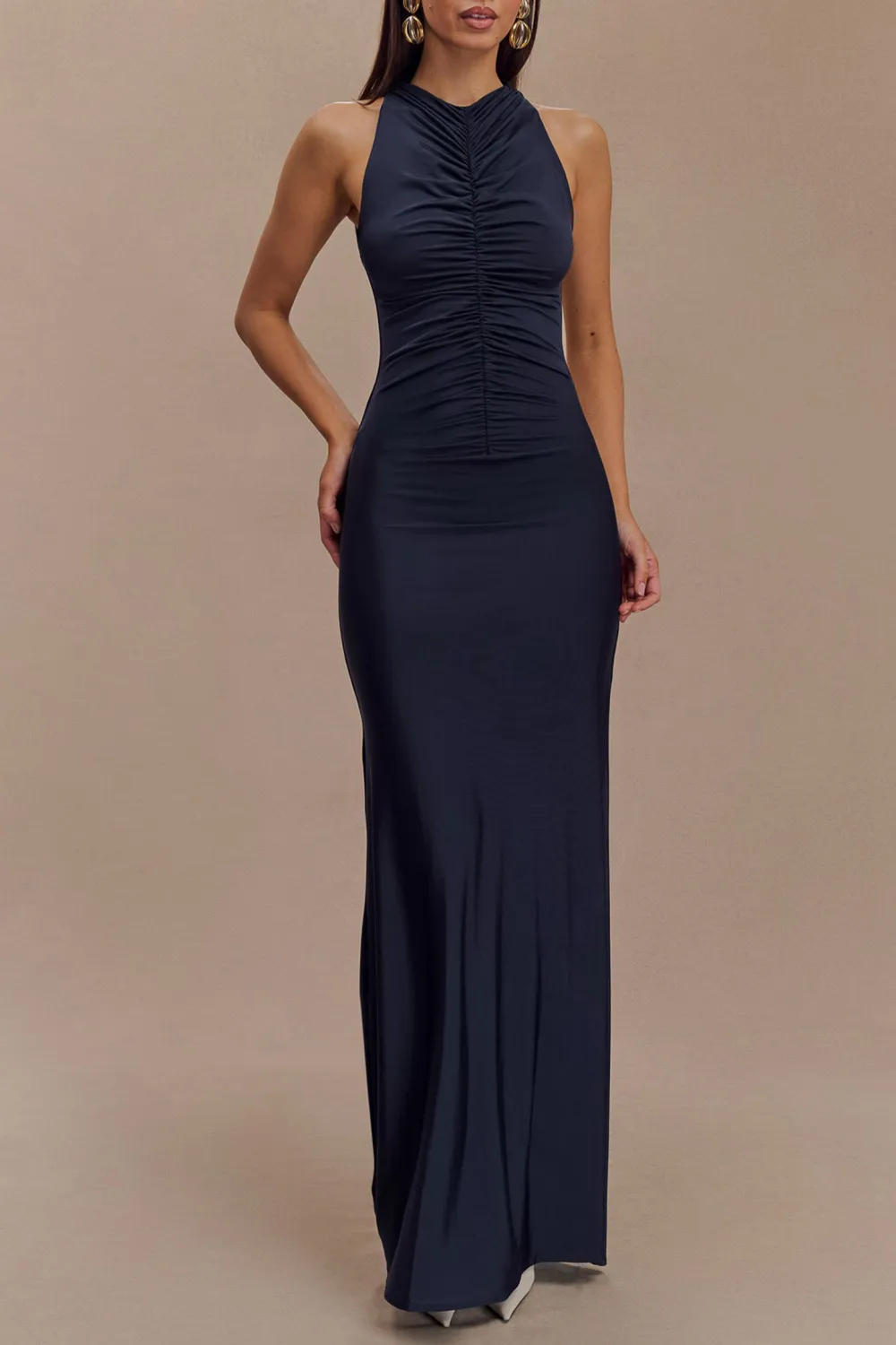 Slinky Ruched Halter Maxi Dress