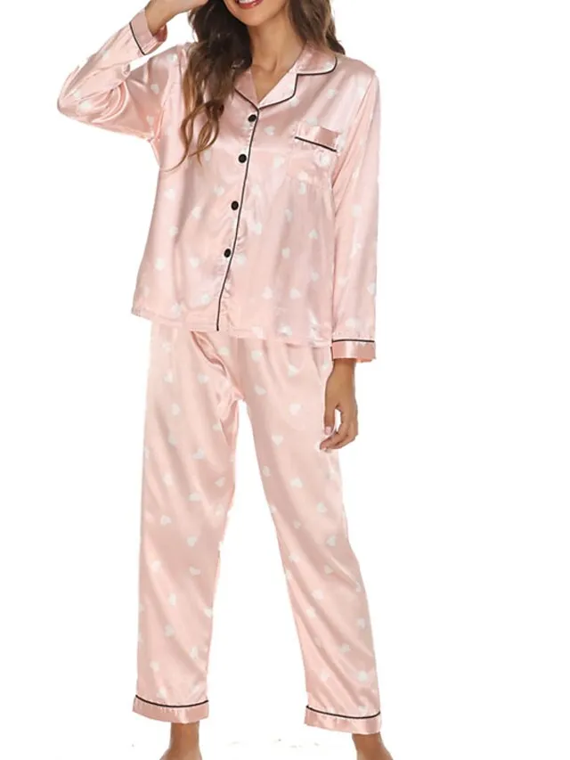 Women's Pajamas Sets Nighty Pjs 2 Pieces Heart Stripe Fashion Comfort Home Satin Lapel Long Sleeve Pant Button Fall Spring Light Pink Green / Silk / Flower / Feather