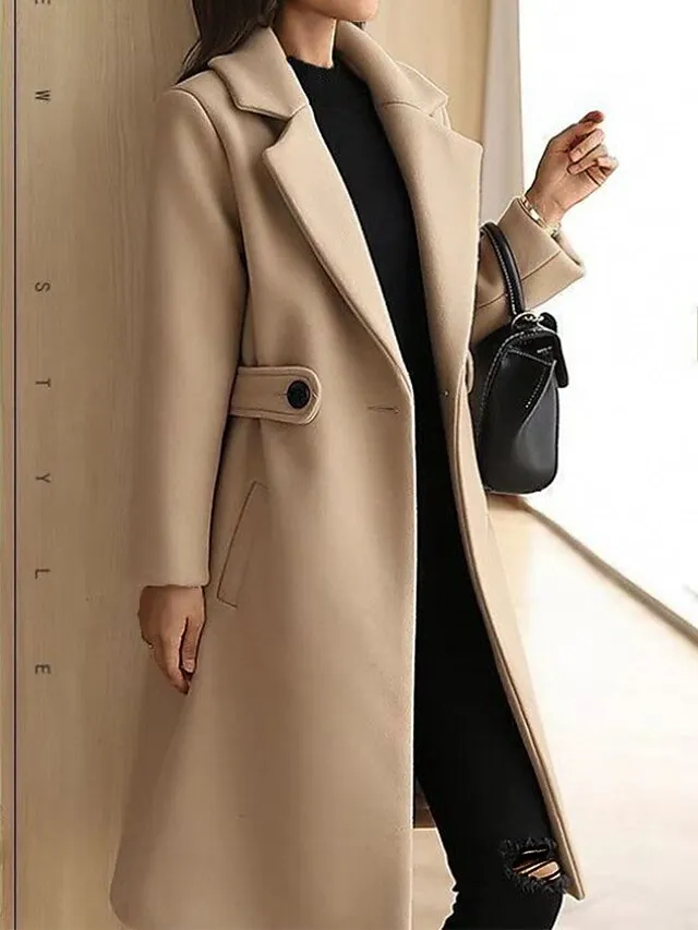 Women's Winter Coat Long Pea Coat Lapel Fall Warm Overcoat Maillard Windproof Warm Outerwear with Pockets Trench Coat Comtemporary Stylish Casual Jacket Long Sleeve Red Camel Brown