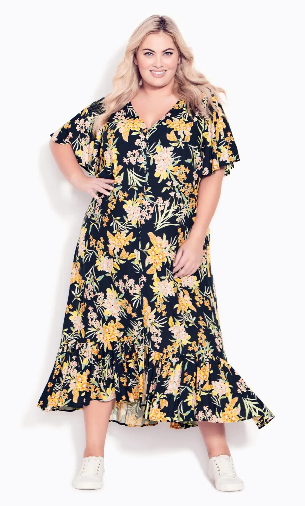 Evans Black Floral Print Button Through Midaxi Dress