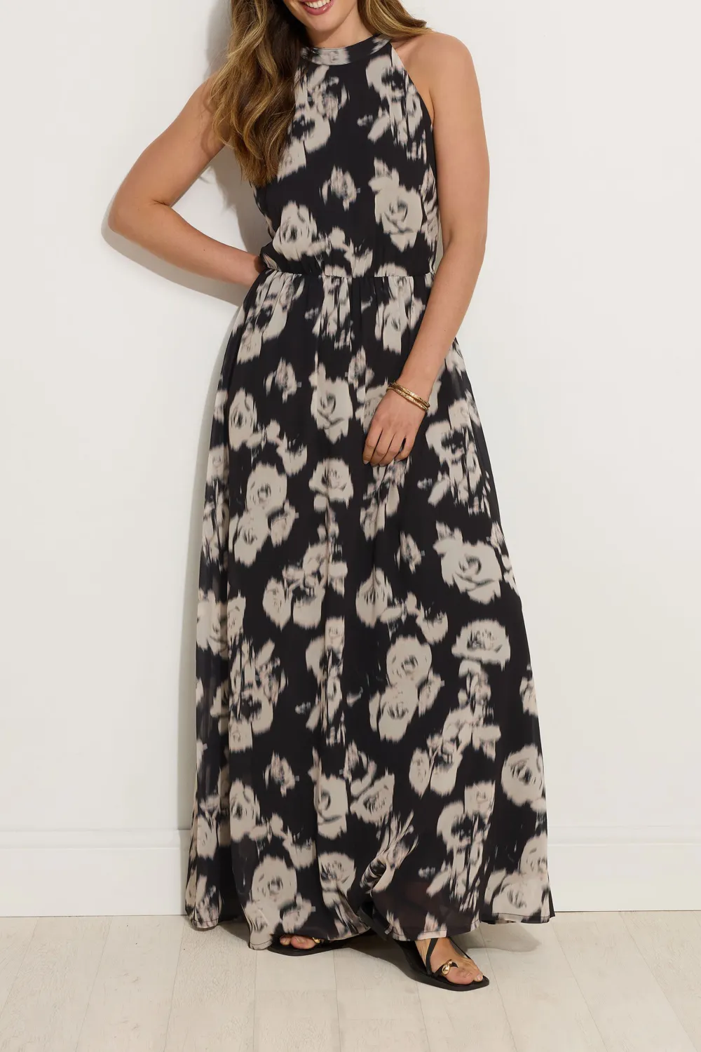Black Floral Halter Neck Dress