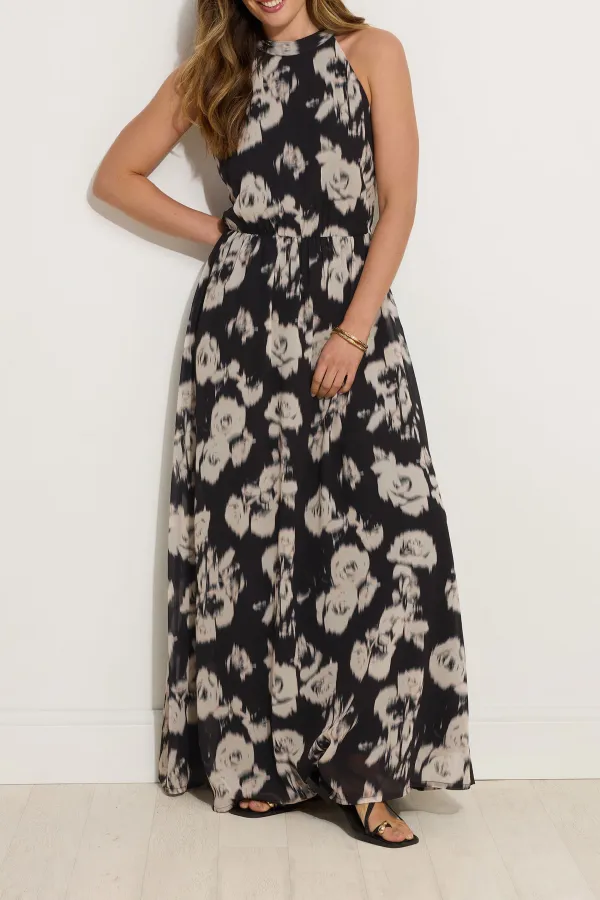 Black Floral Halter Neck Dress