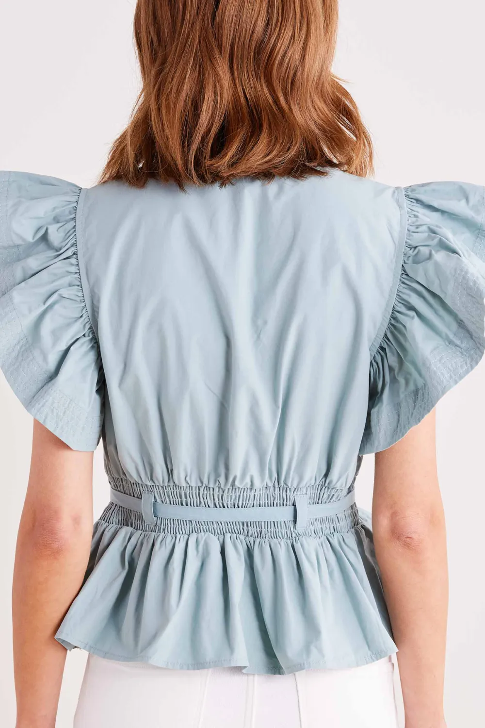 Ruffled Sleeve Tie-Waist Peplum Top