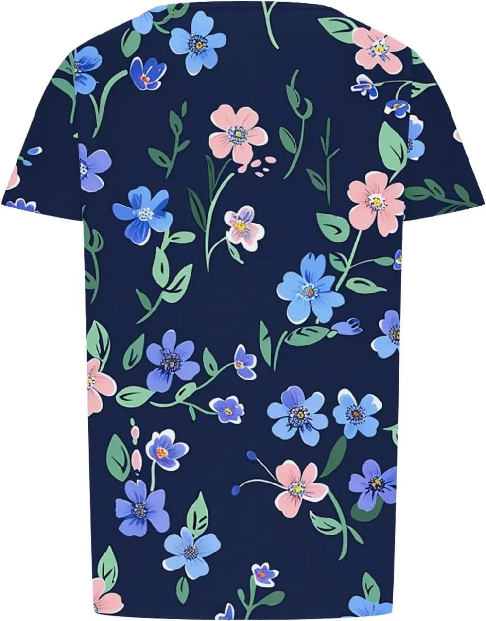 Womens Summer Pleated Front Shirts Tunics Casual Short Sleeved Loose Round Neck Boho Printed Tops Vacation Blouse