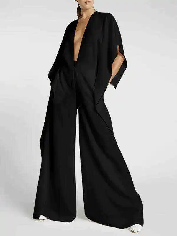 Loose Half Sleeves Solid Color Deep V-Neck Jumpsuits