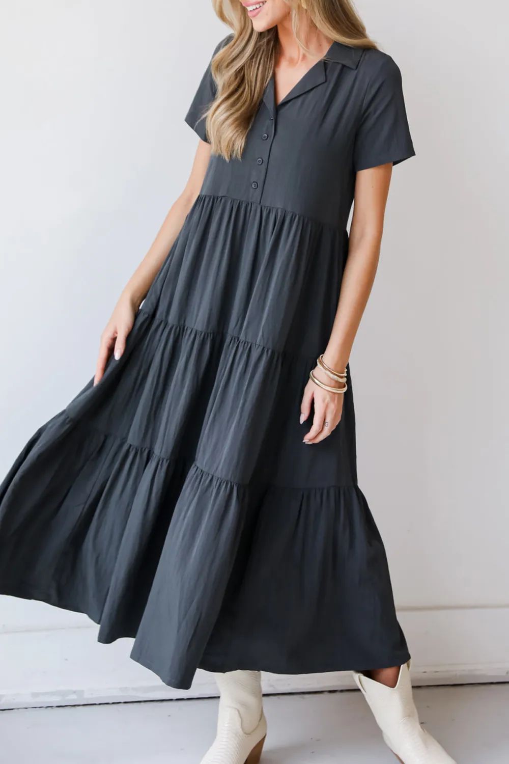 Stellar Sweetie Charcoal Tiered Maxi Dress