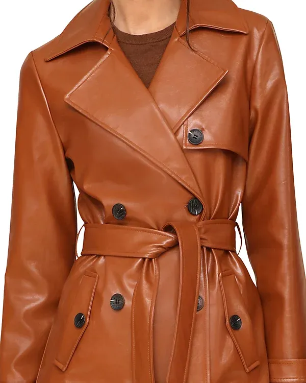 Caramel Color Faux Leather Trench Coat