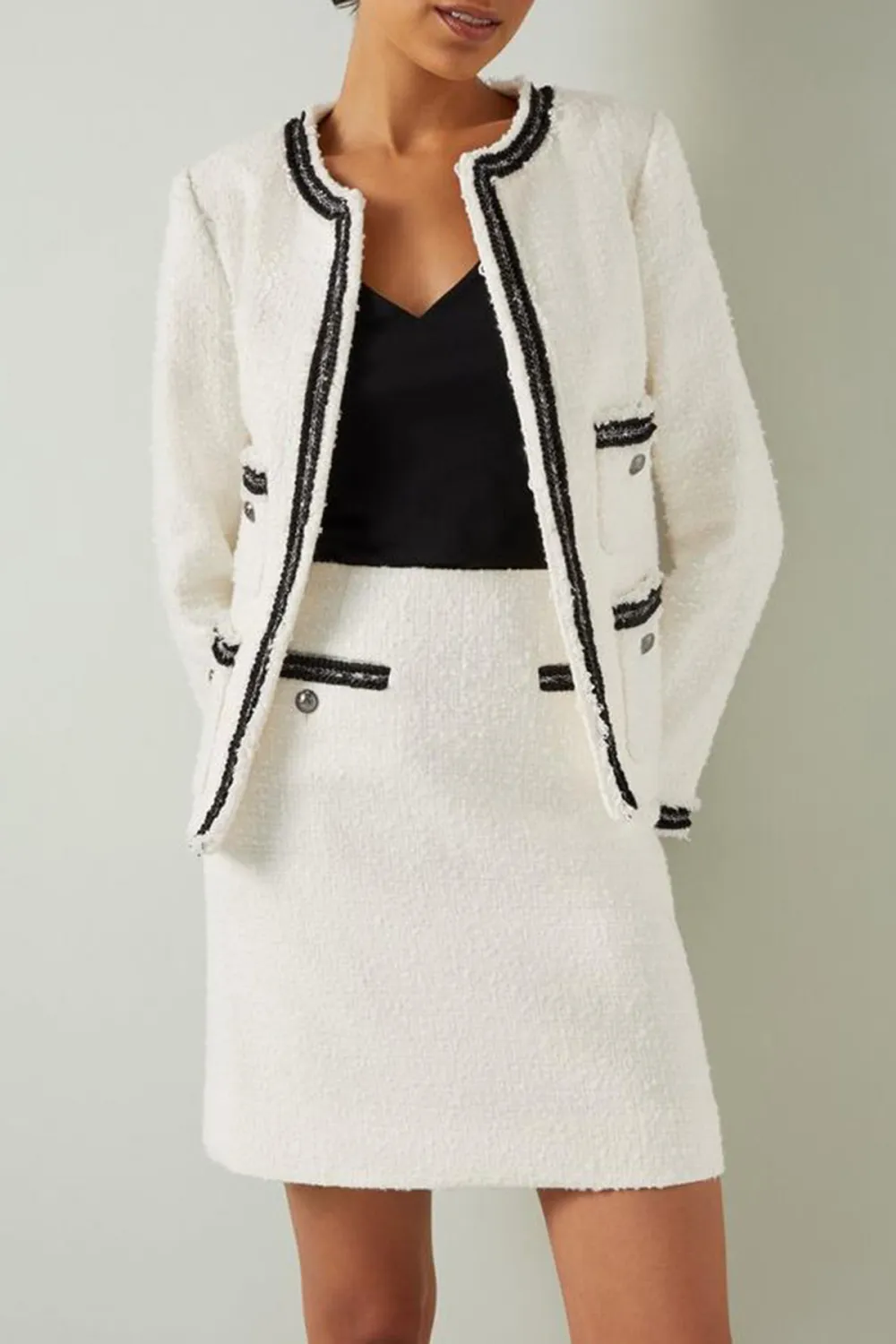 White Tweed Contrast Trim Short Jacket
