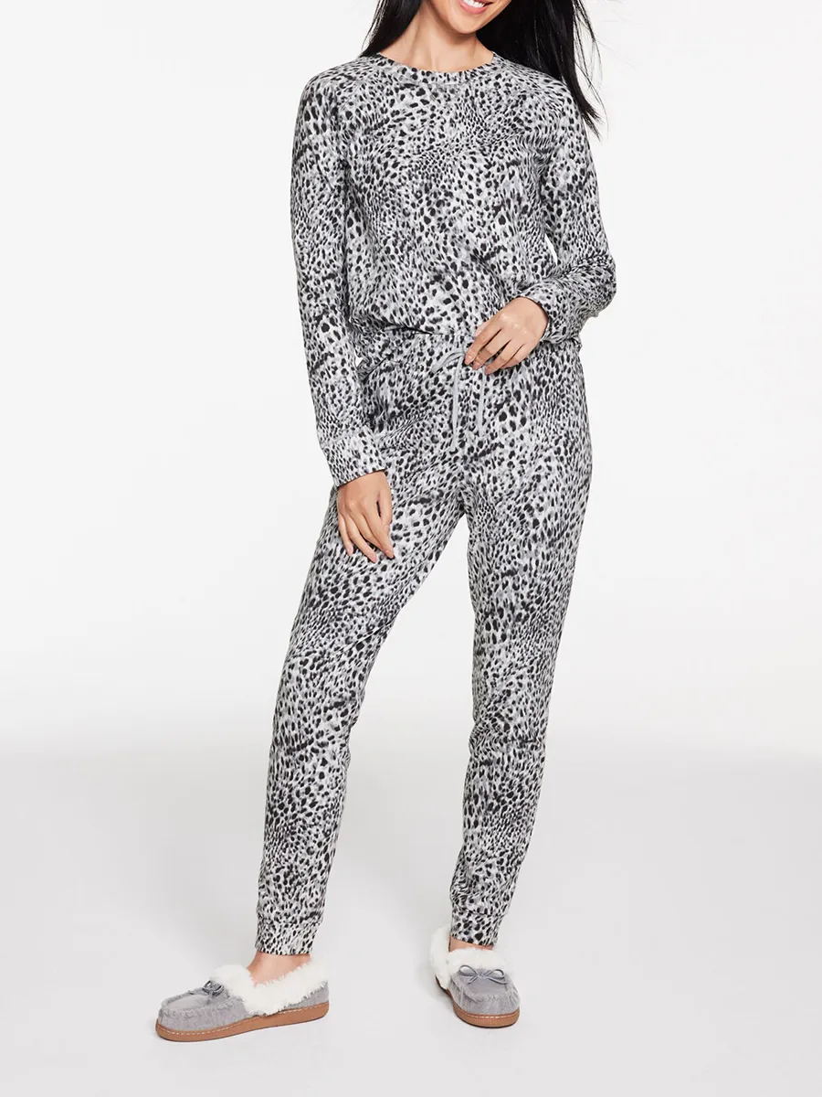 Women'S Cozy Gray-White Leopard Print Slim-Fit Loungewear Set