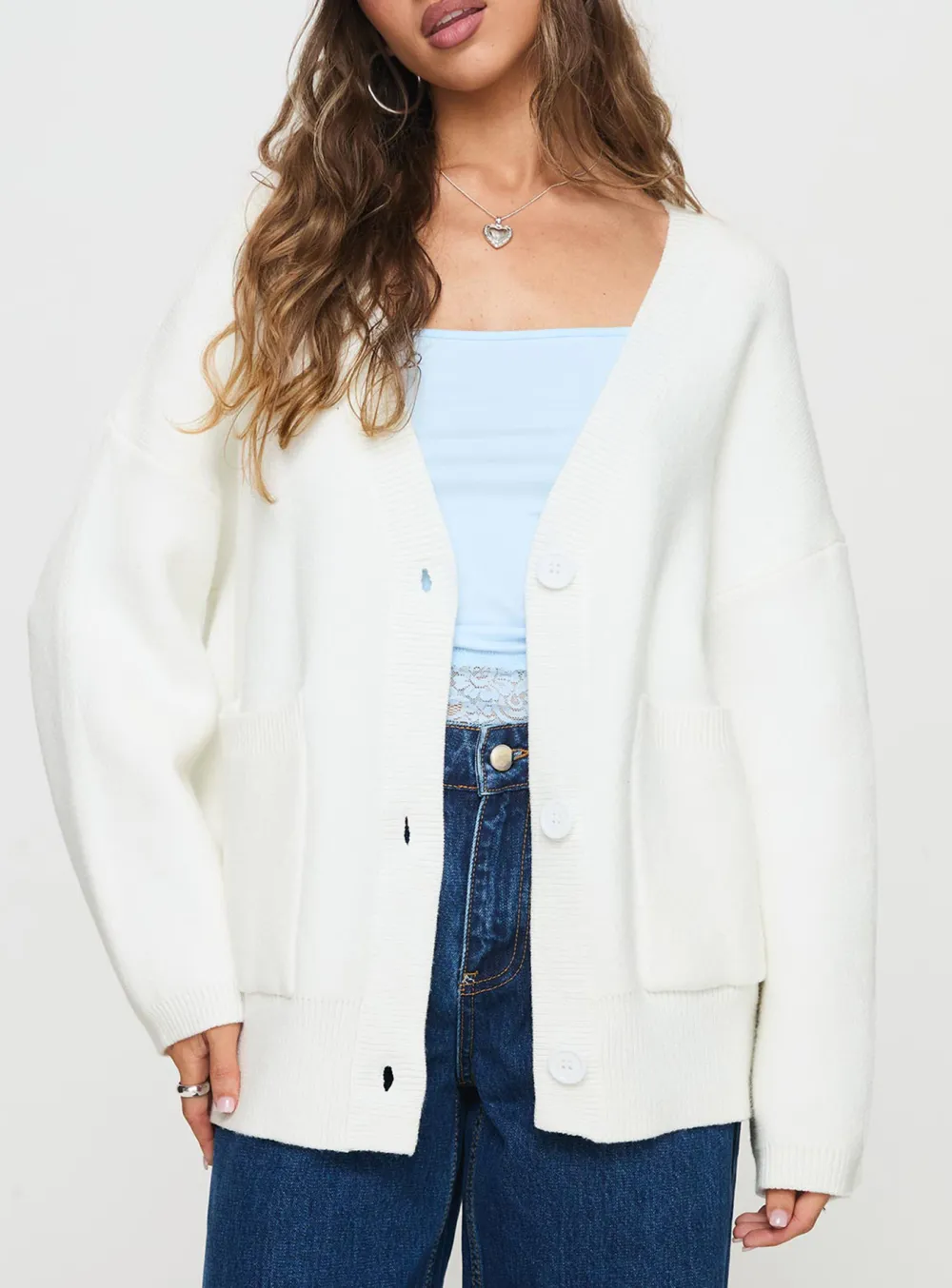 Deep Neck Cardigan White