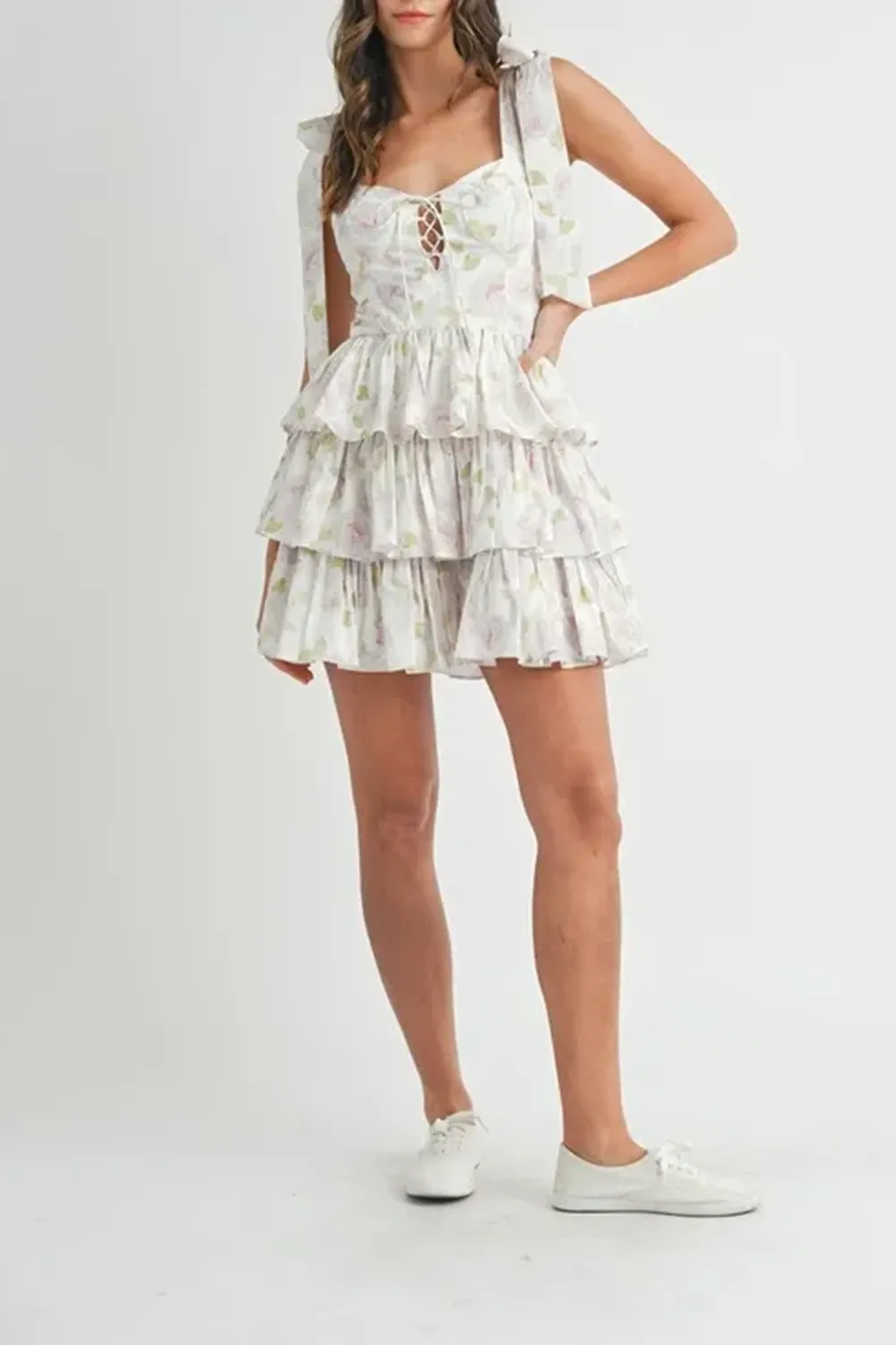 Elegant Ballet Style Slim Floral White Dress