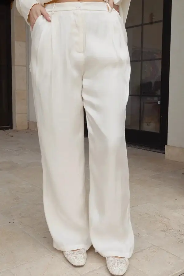 White Pleated High-Waisted Trousers