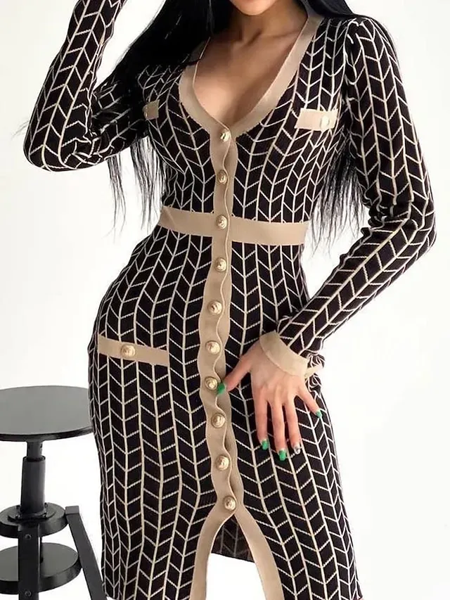 Women's Sweater Dress Jumper Dress Winter Dress Midi Dress Daily Casual Plaid Outdoor Home Casual Daily V Neck Long Sleeve Button 2023 Regular Fit Black khaki One Size
