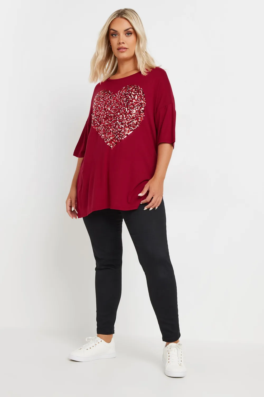 YOURS Curve Red Heart Sequin Embellished T-Shirt