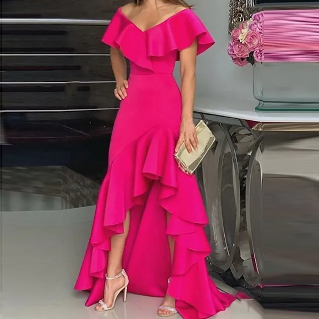 Women's Party Dress Maxi long Dress Green Black Wine Fuchsia Dark Blue Short Sleeve Pure Color Ruffle Plus High Low Fall Spring V Neck Elegant Formal Party 2023 S M L XL XXL 3XL 4XL 5XL