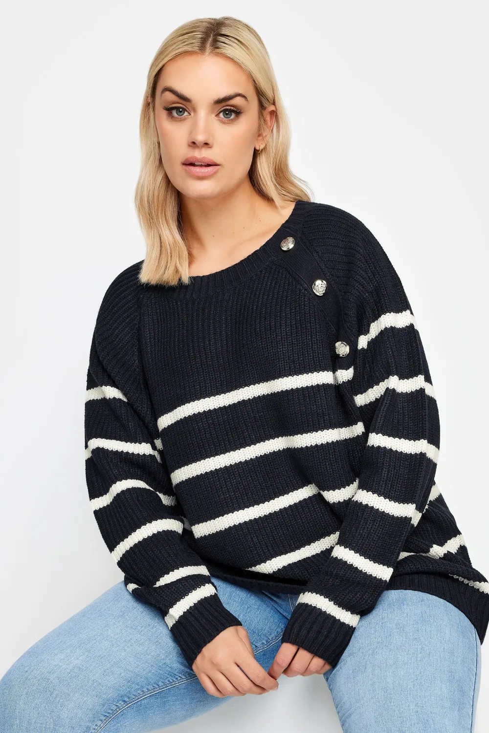 YOURS Curve Navy Blue Stripe Button Detail Jumper