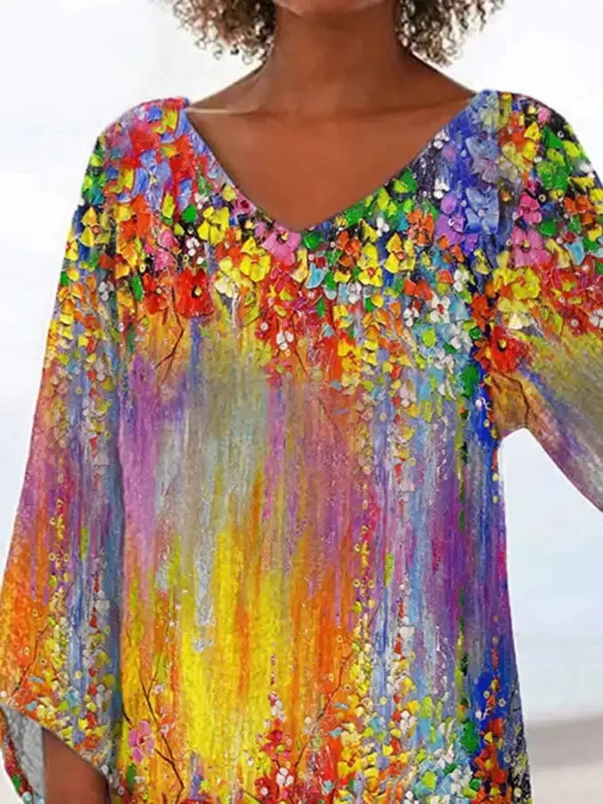 Vintage Flower Oil Painting Gradient Print Irregular Tops