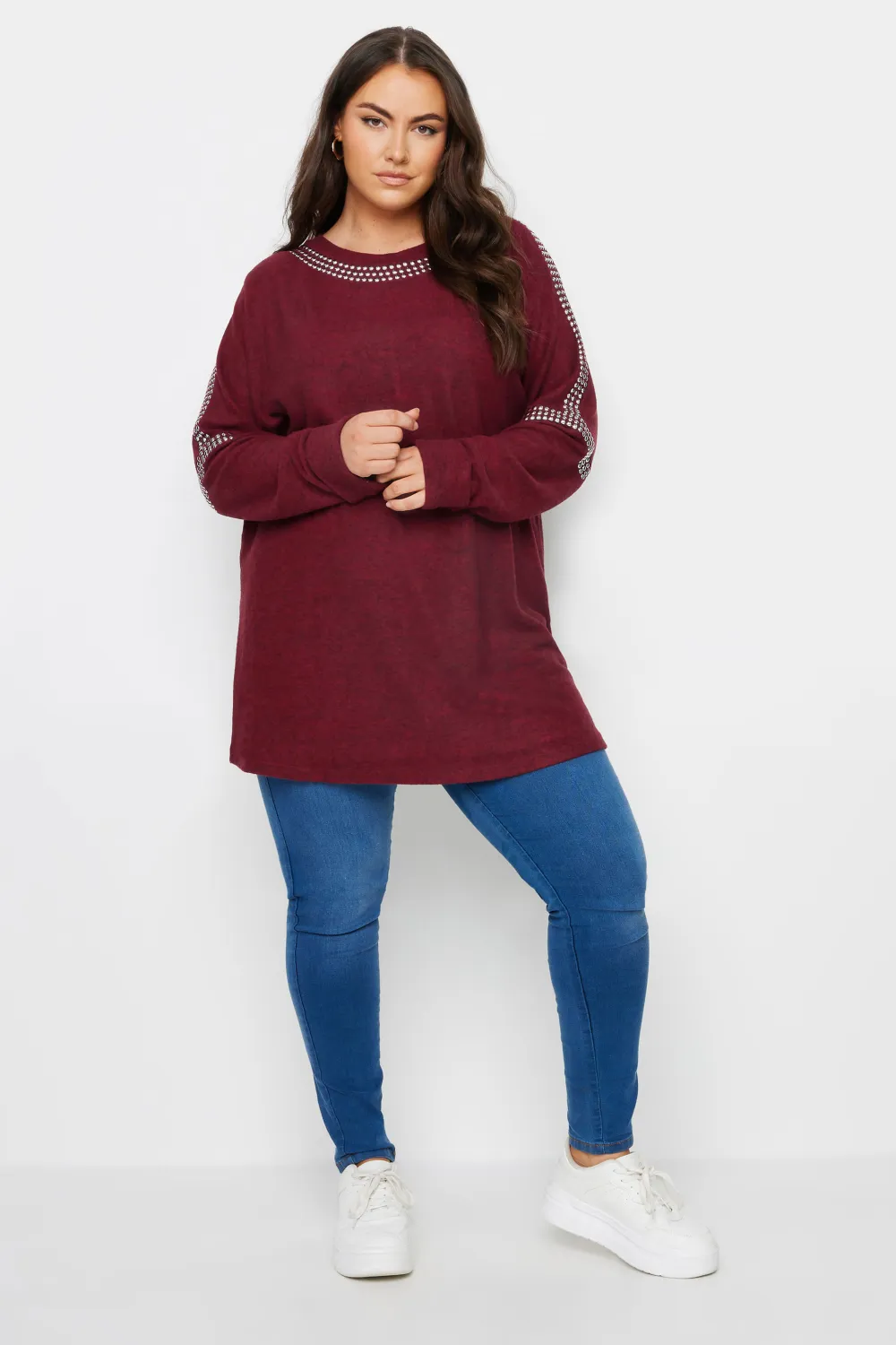 YOURS Curve Grey Stud Neckline Embellished Jumper