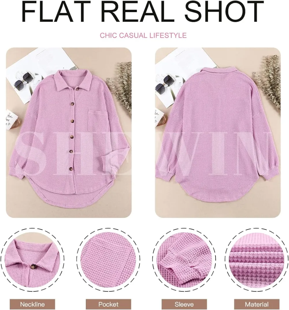 Womens Waffle Knit Button Down Shirts Casual Long Sleeve Shacket Jacket Boyfriend Tops Blouses Loose Fit