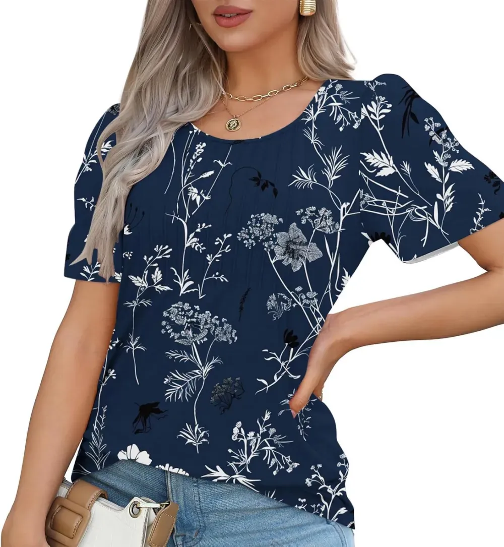 Womens Summer Pleated Front Shirts Tunics Casual Short Sleeved Loose Round Neck Boho Printed Tops Vacation Blouse