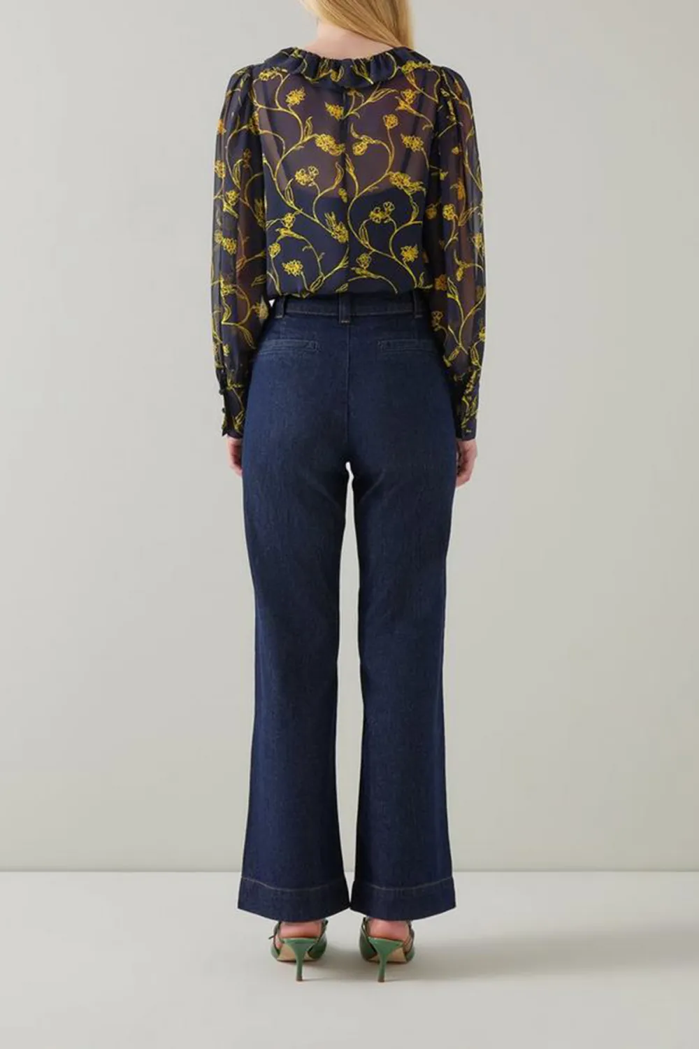 Navy Blue Floral Print Sheer Long Sleeve Shirt