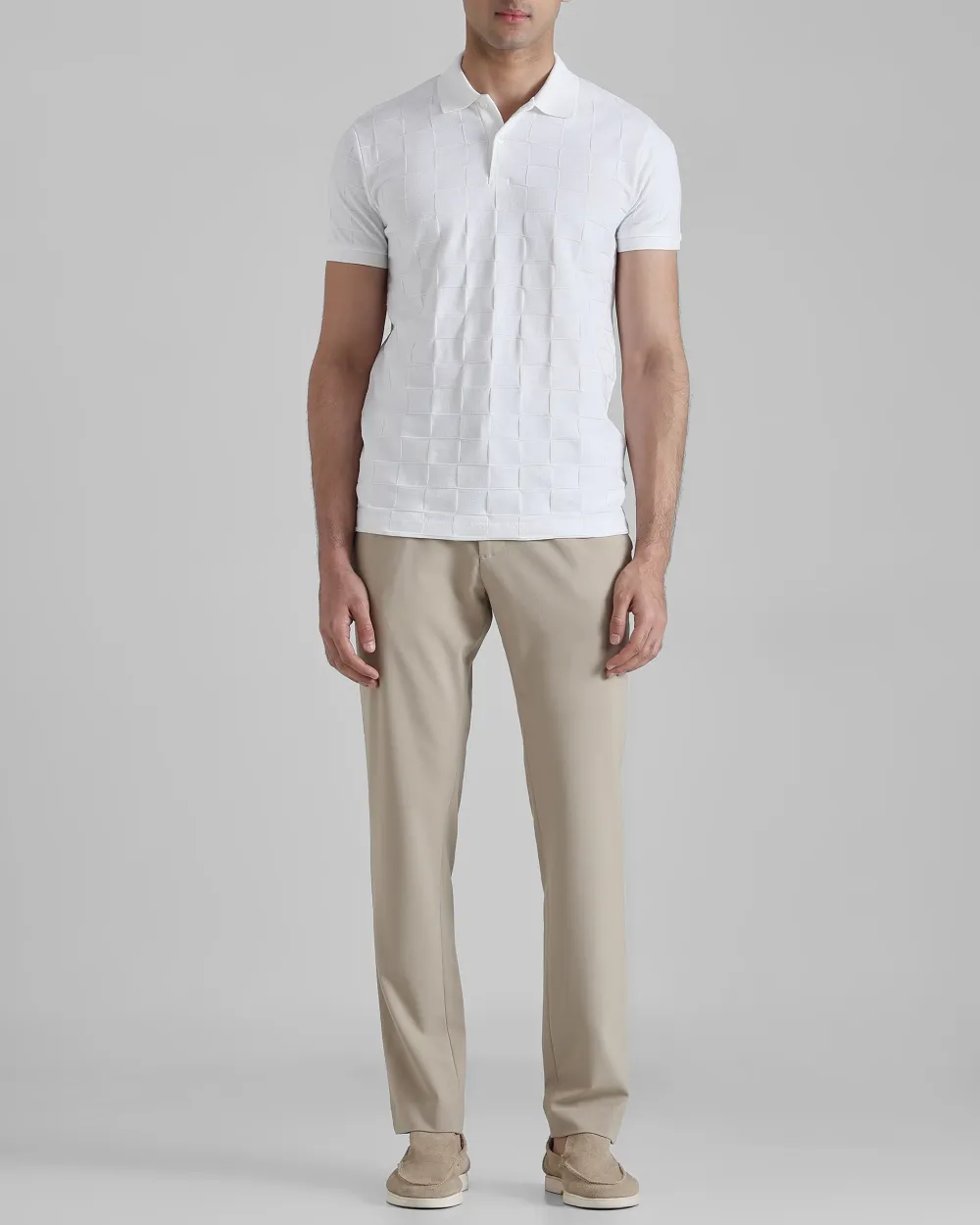 Casual Minimalist White Plaid Texture Polo Shirt