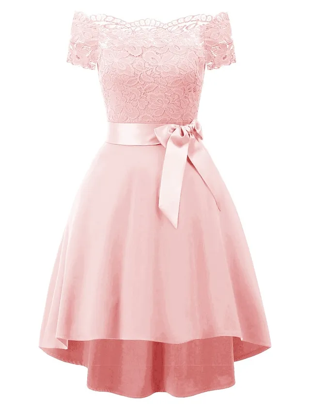 Women's Black Dress Party Dress Lace Dress Knee Length Dress White Pink Wine Short Sleeve Pure Color Lace Summer Spring Fall Off Shoulder Elegant Party Wedding Guest Birthday 2022 S M L XL XXL