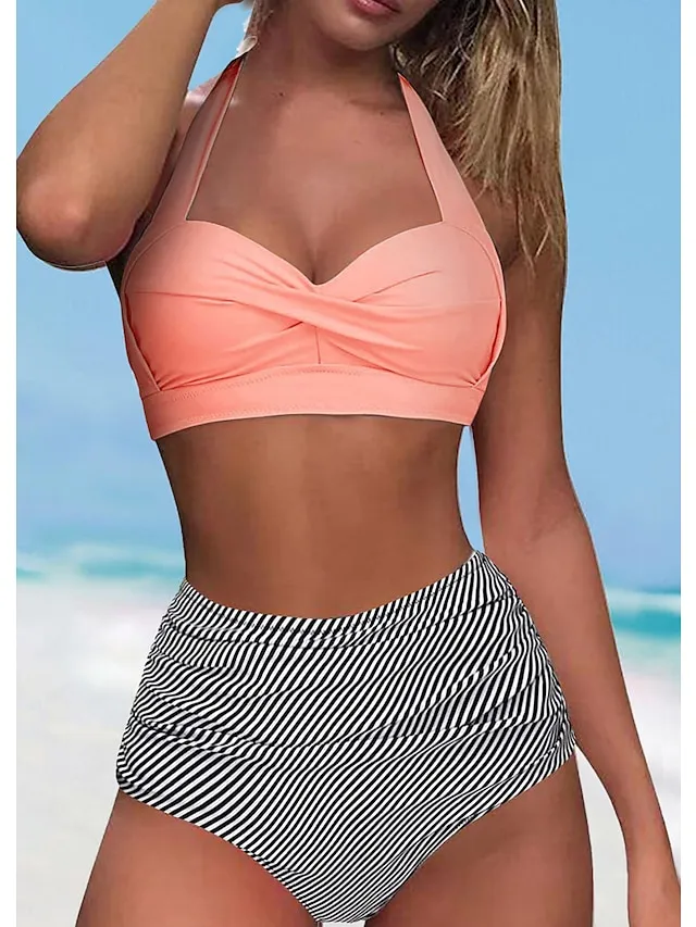Women's Swimwear Bikini Normal Swimsuit Halter 2 Piece High Waisted Plain Black Green Rose Red Bathing Suits Sports Beach Wear Push Up