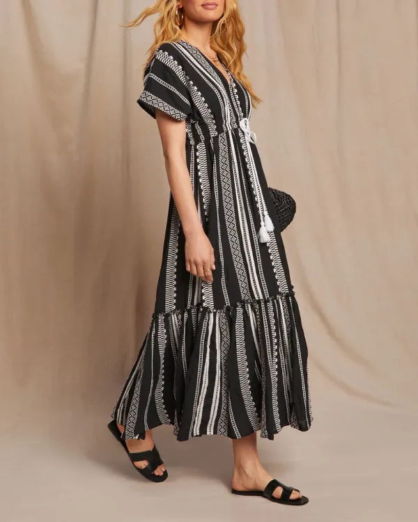 Embroidered Cinched Waist Midi Dress