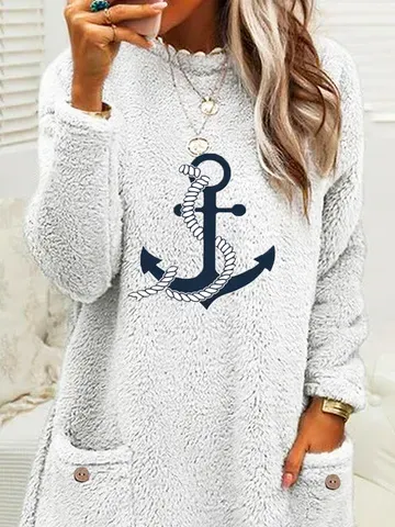 Women Anchor Crew Neck Long Sleeve Comfy Casual Midi Dress