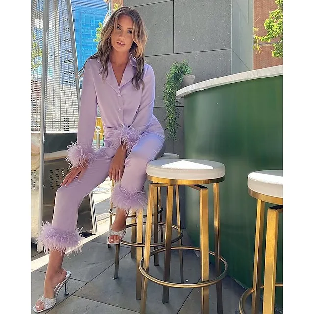 Women's Gift Loungewear Pajamas Sets Home Party Valentine's Day Feather Pure Color Silk Simple Soft Shirt Pant Fall Spring Summer Lapel Long Sleeve Long Pant Buckle Pocket