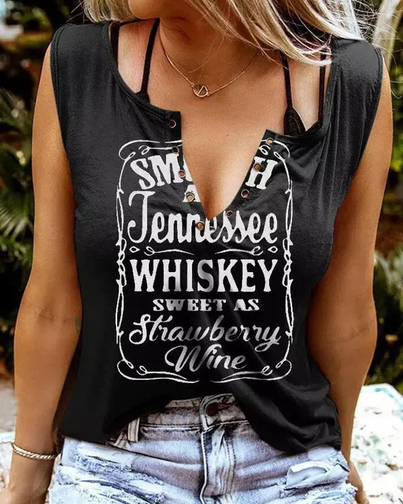 Smooth As Tennessee Whiskey Sweet As Strawberry Wine Print Eyelet Decor Casual Tank Top