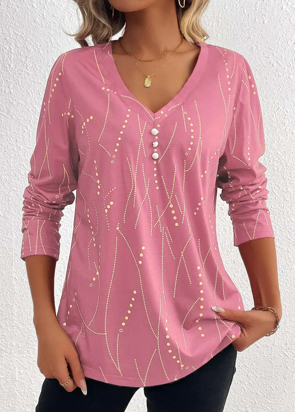 Pink Button Geometric Print Long Sleeve T Shirt