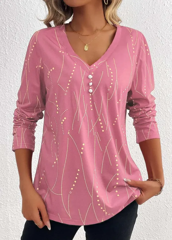 Pink Button Geometric Print Long Sleeve T Shirt