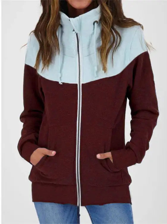 Women Long Sleeve Turtle Neck Cardigan Zipper Stitching Sweatshirts Tops