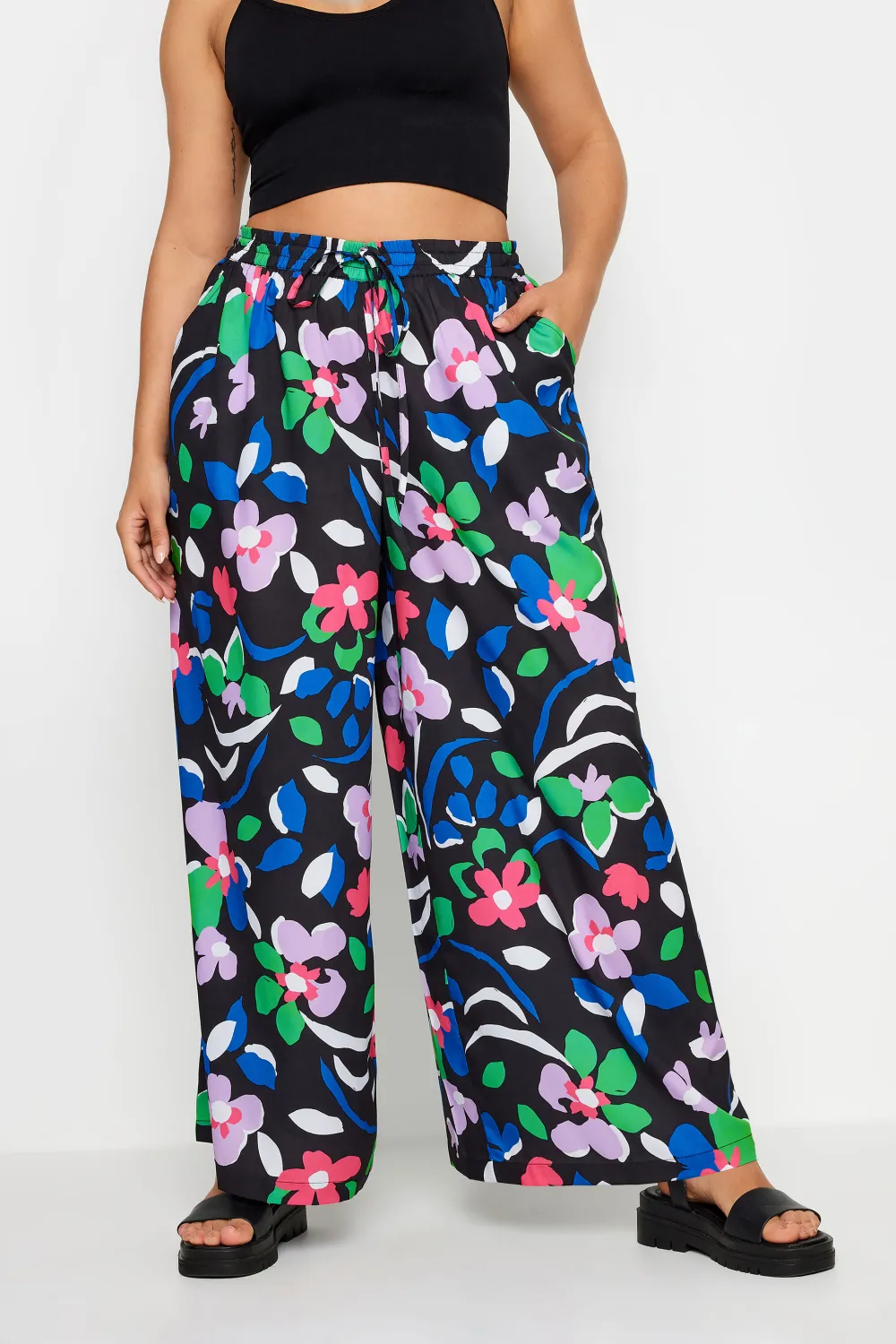 Yours Curve Black Leaf Print Drawstring Wide Leg Trousers